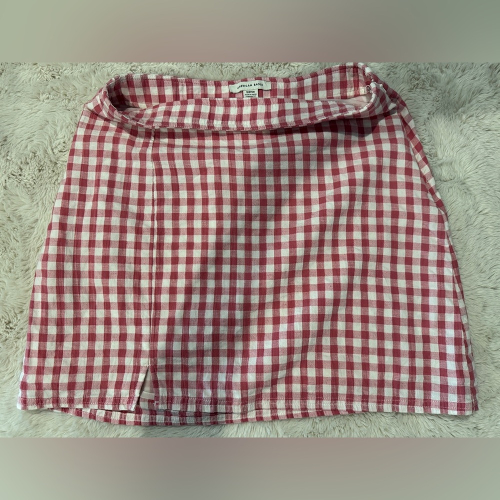 American Eagle Outfitters Pink and White Checkered Linen Skirt